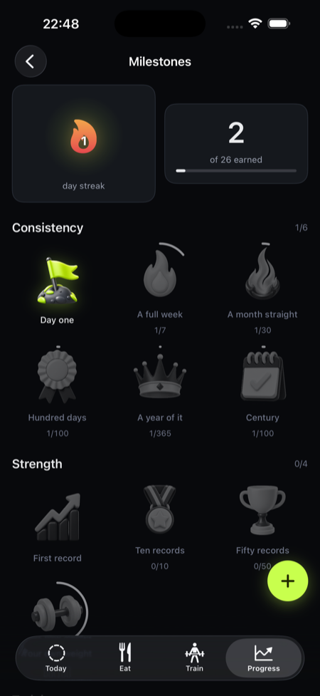 The milestones screen with 3D badges and a streak