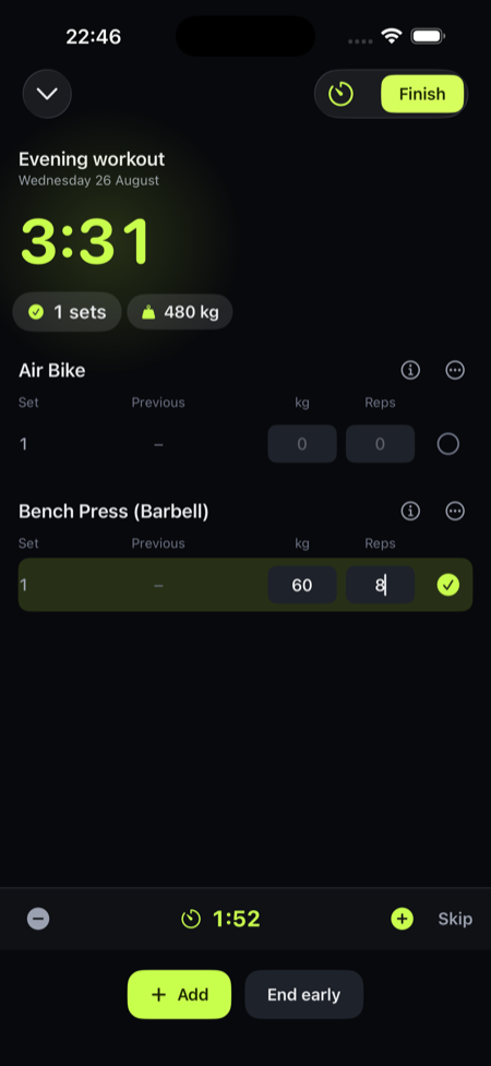 A workout in progress with sets of bench press and the rest timer